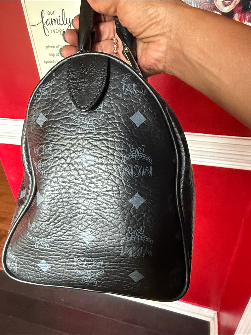 MCM Black Monogram Leather Satchel with Bone Charm - Picture 7 of 12